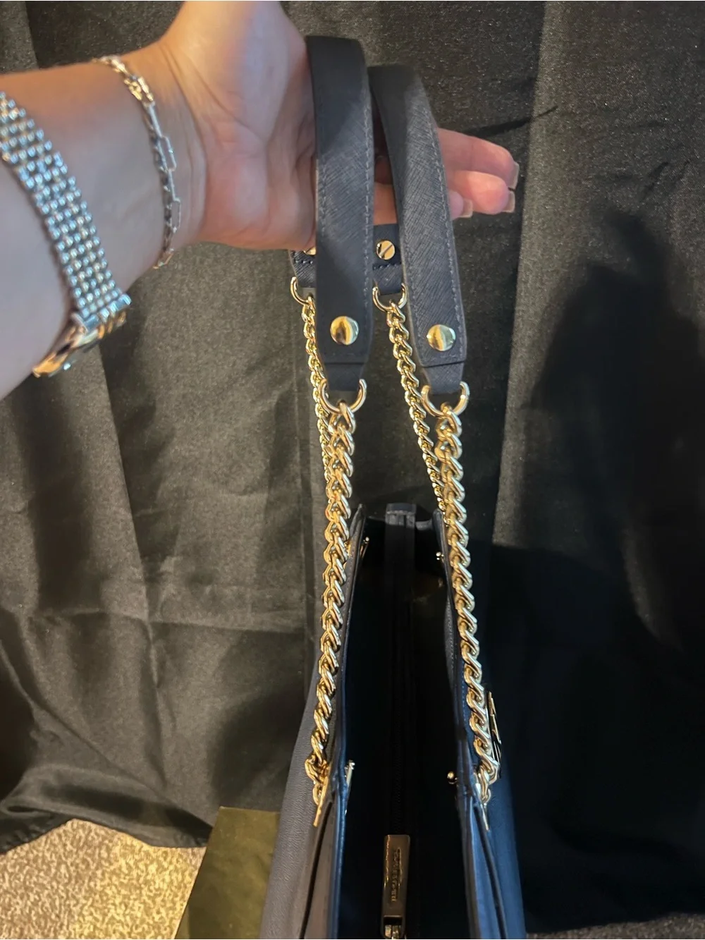 Michael Kors Navy Saffiano Leather Shoulder Tote with Gold Hardware